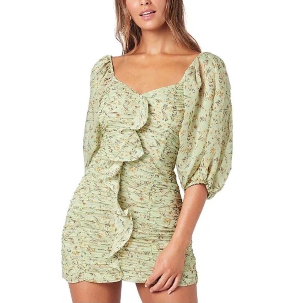 MINKPINK Floral Ruched Square Neck Puff Sleeve Mini Dress Light Green Yellow